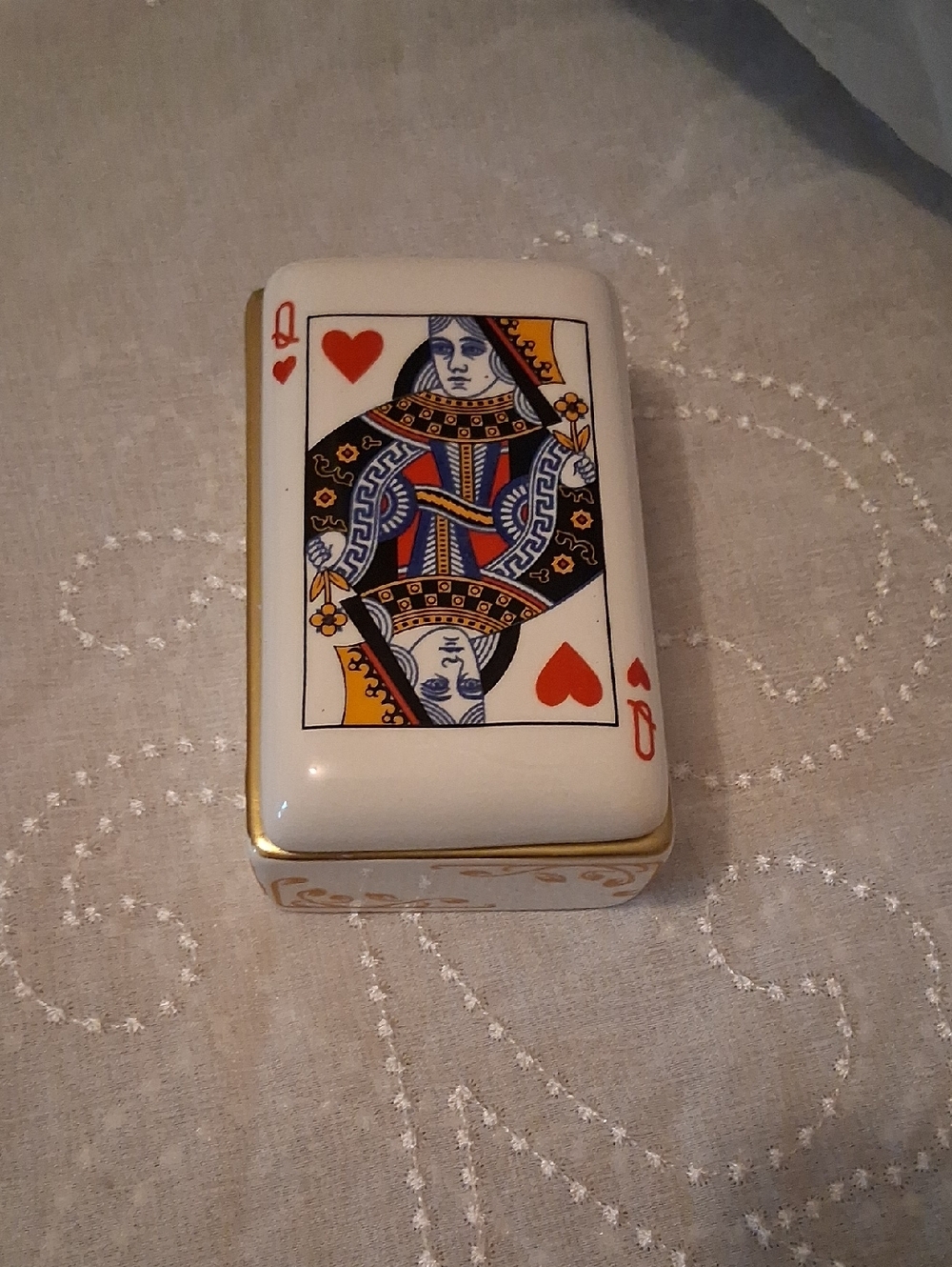 Porcelain Trinket Box with Queen of Hearts Playing Card Design